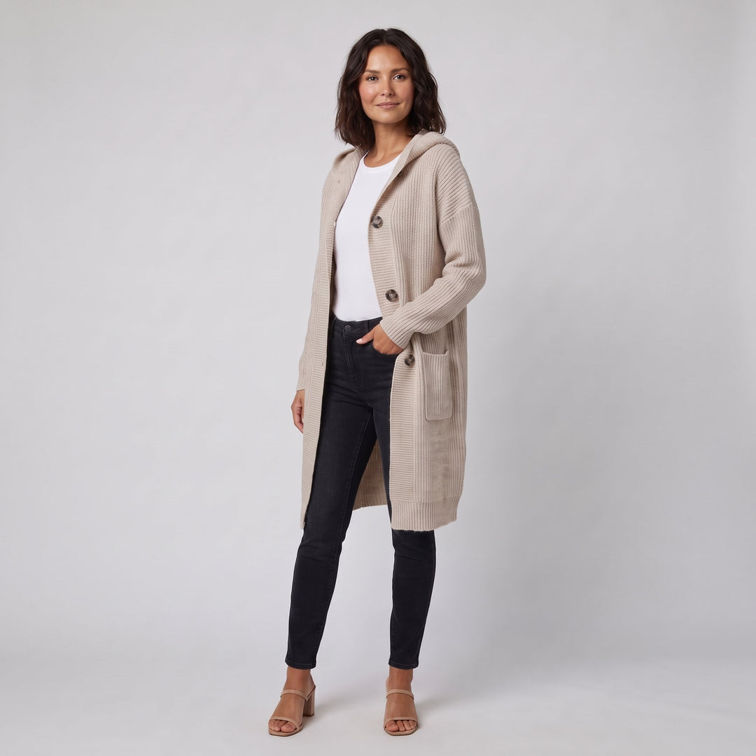 Beige hooded knit cardigan-coat three-quarter side view