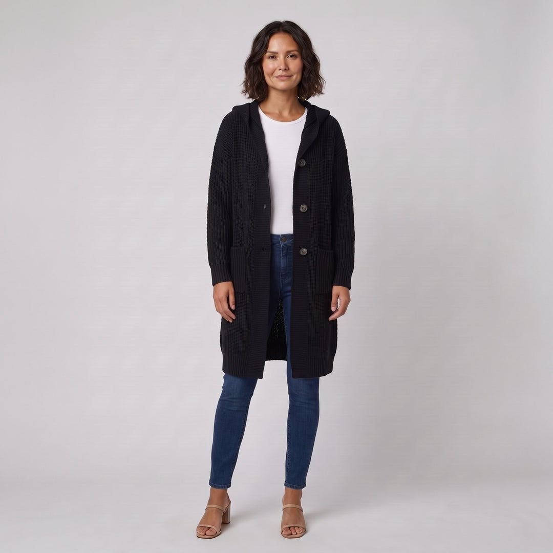 Woman wearing a black hooded knit cardigan-coat, front view