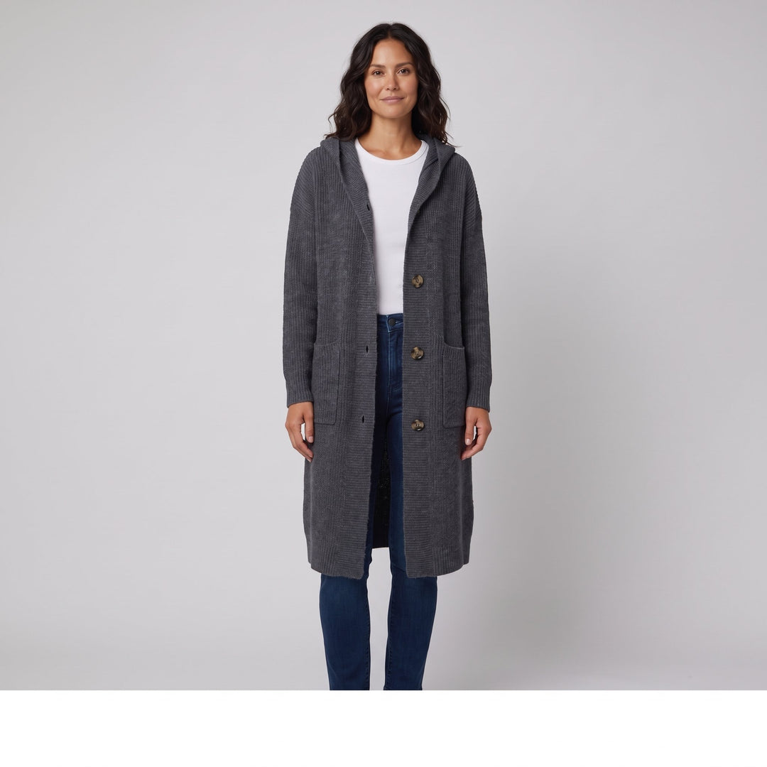 Woman wearing a charcoal grey hooded knit cardigan-coat, front view