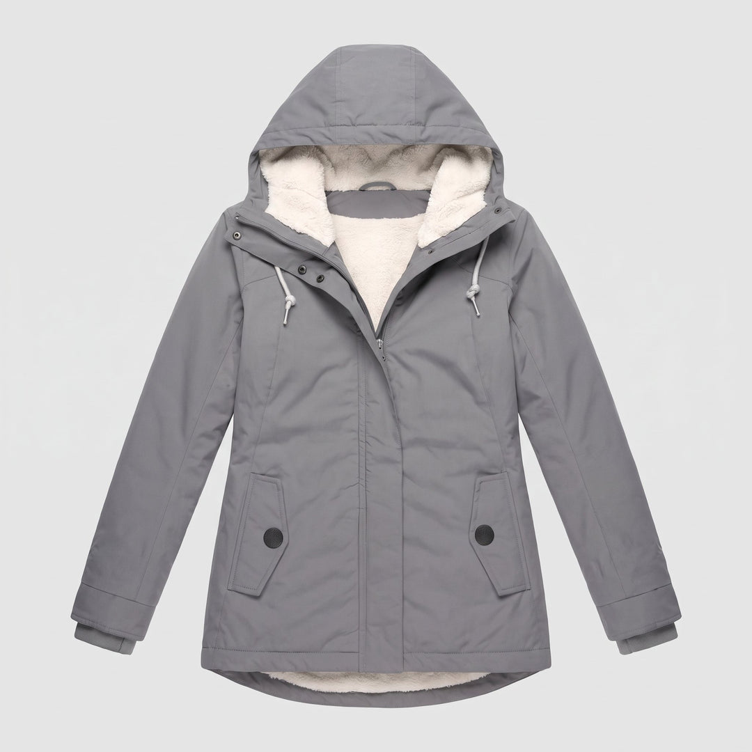 Flat-lay of the grey fleece-lined hooded parka