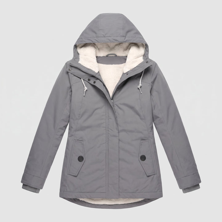 Flat-lay of the grey fleece-lined hooded parka