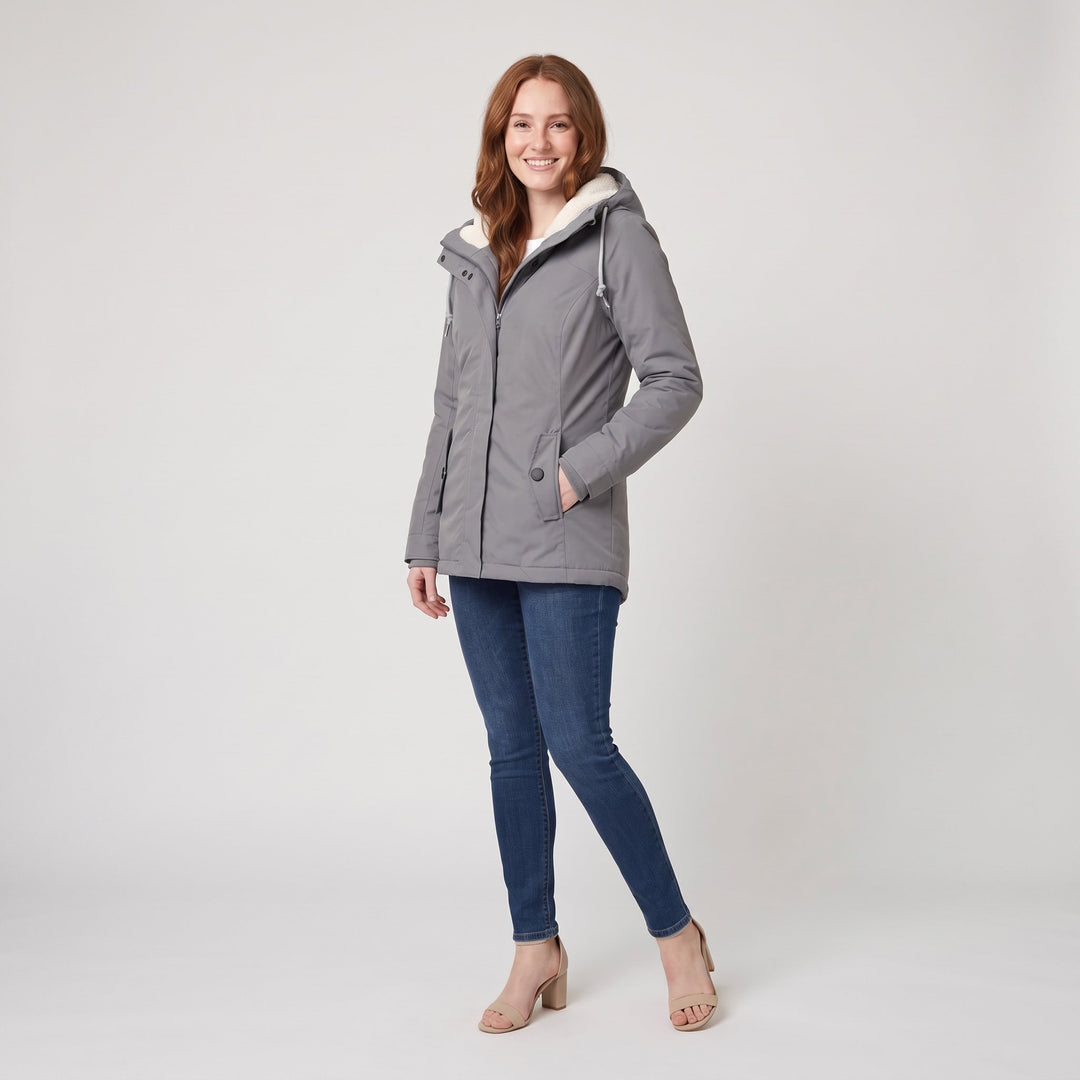 Grey hooded parka three-quarter side view