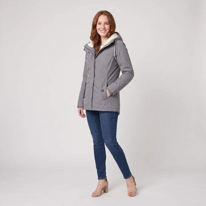 Grey hooded parka three-quarter side view