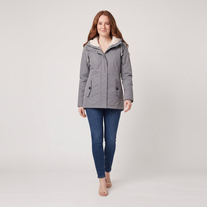 Grey hooded parka in a walking pose