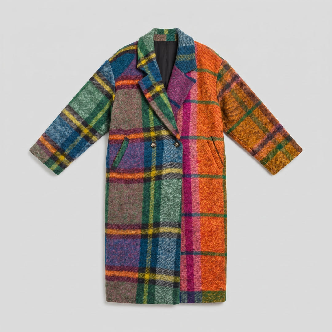 Women's oversized longline checked coat product flat lay