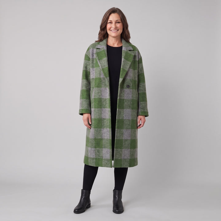 Women's oversized longline checked coat green front