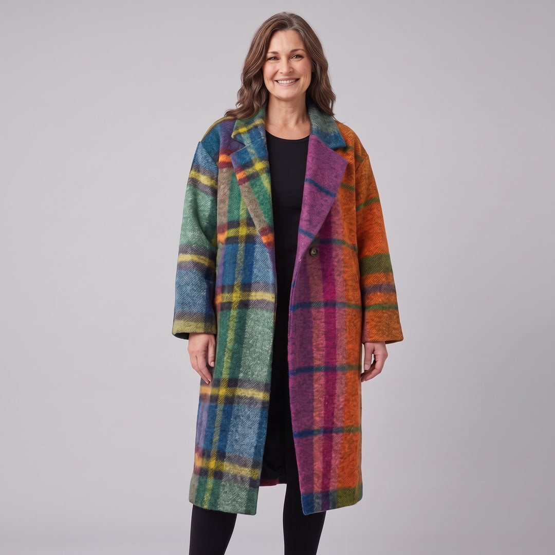 Women's oversized longline checked coat multicolour front