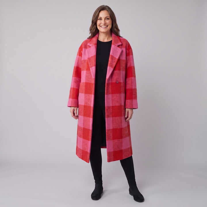 Women's oversized longline checked coat pink-red front