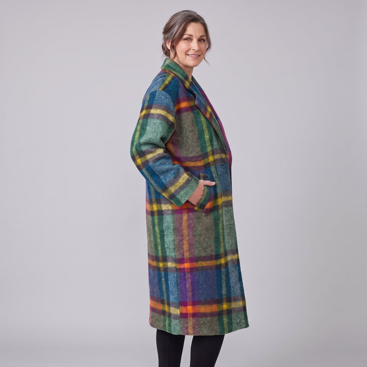 Women's oversized longline checked coat side view