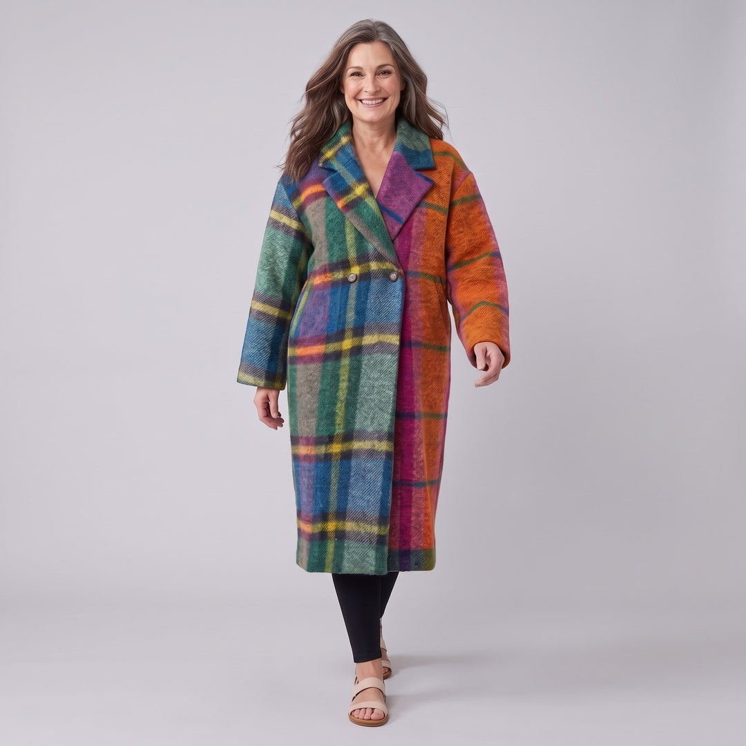 Women's oversized longline checked coat walking pose