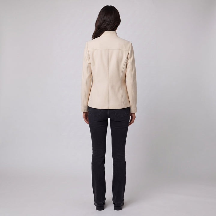 Back view of the cream-beige stand-collar jacket