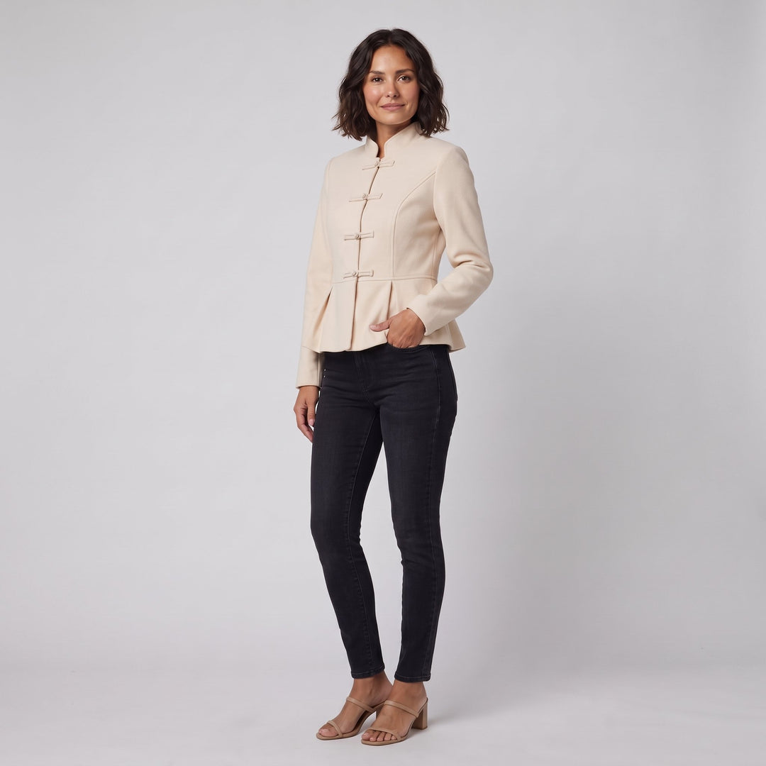 Cream-beige stand-collar jacket three-quarter side view