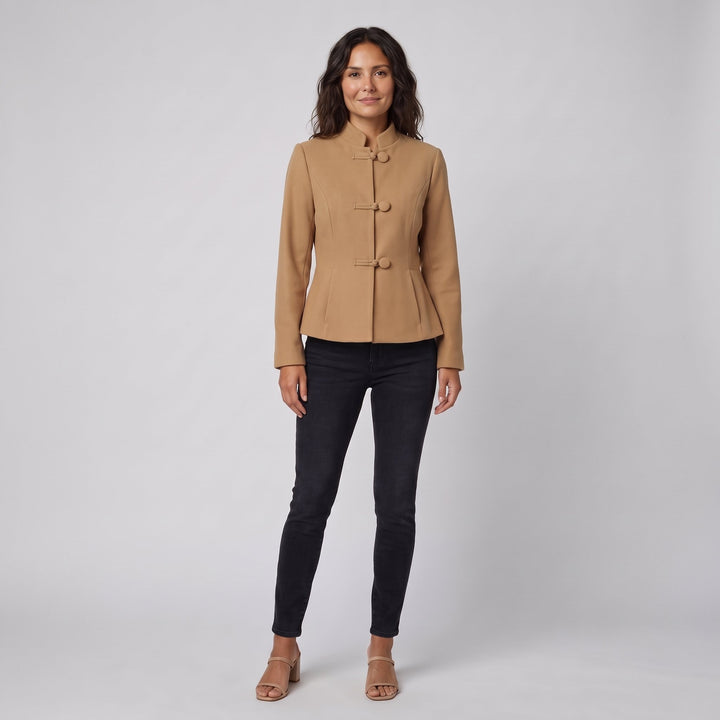Woman wearing a khaki stand-collar tailored jacket, front view
