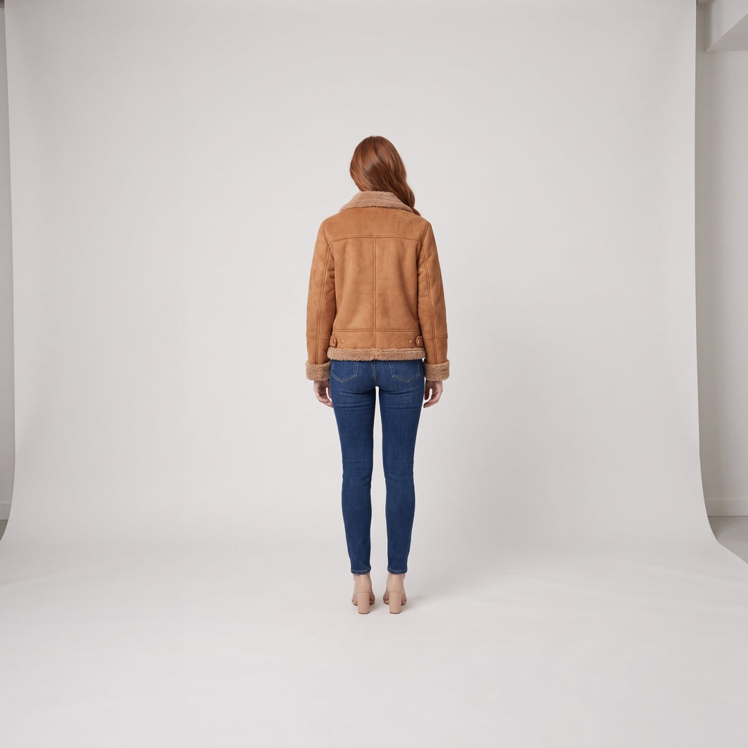 Back view of the brown suede shearling jacket