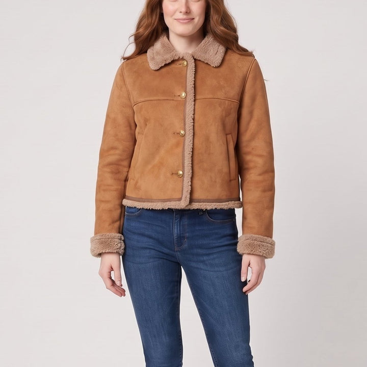 Suede shearling jacket close-up, front