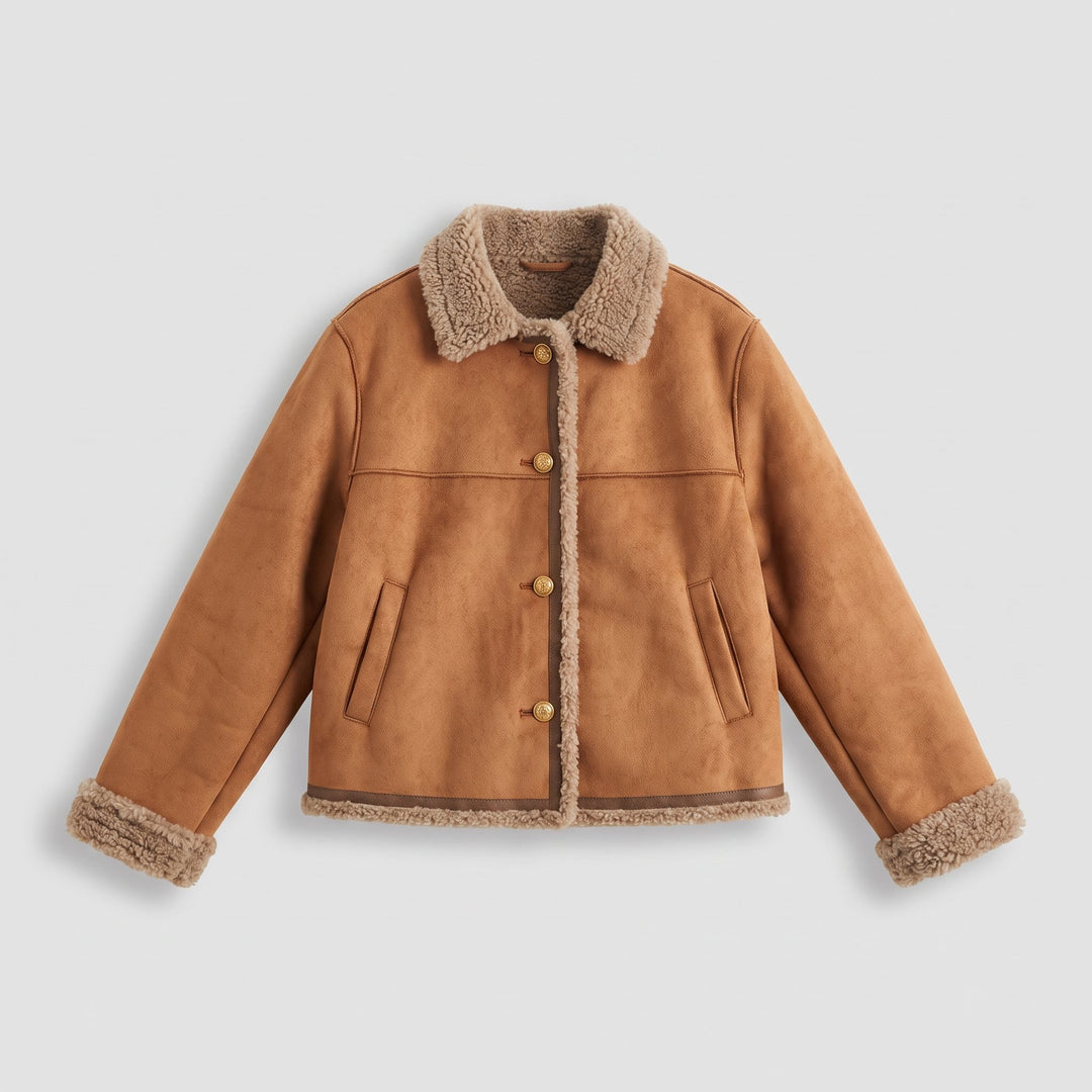 Flat-lay of the brown suede shearling jacket