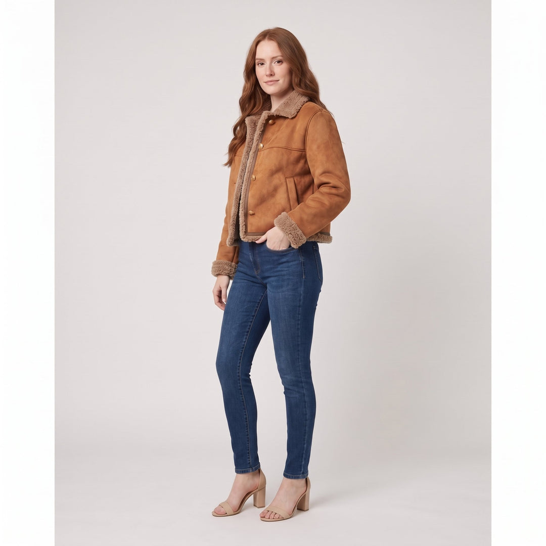 Brown suede shearling jacket three-quarter side view