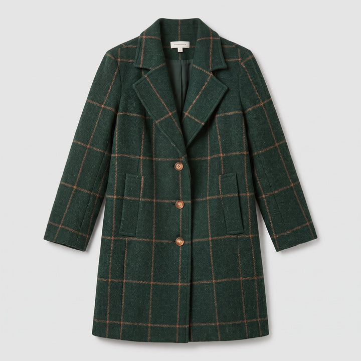 Flat-lay of the green windowpane check wool coat
