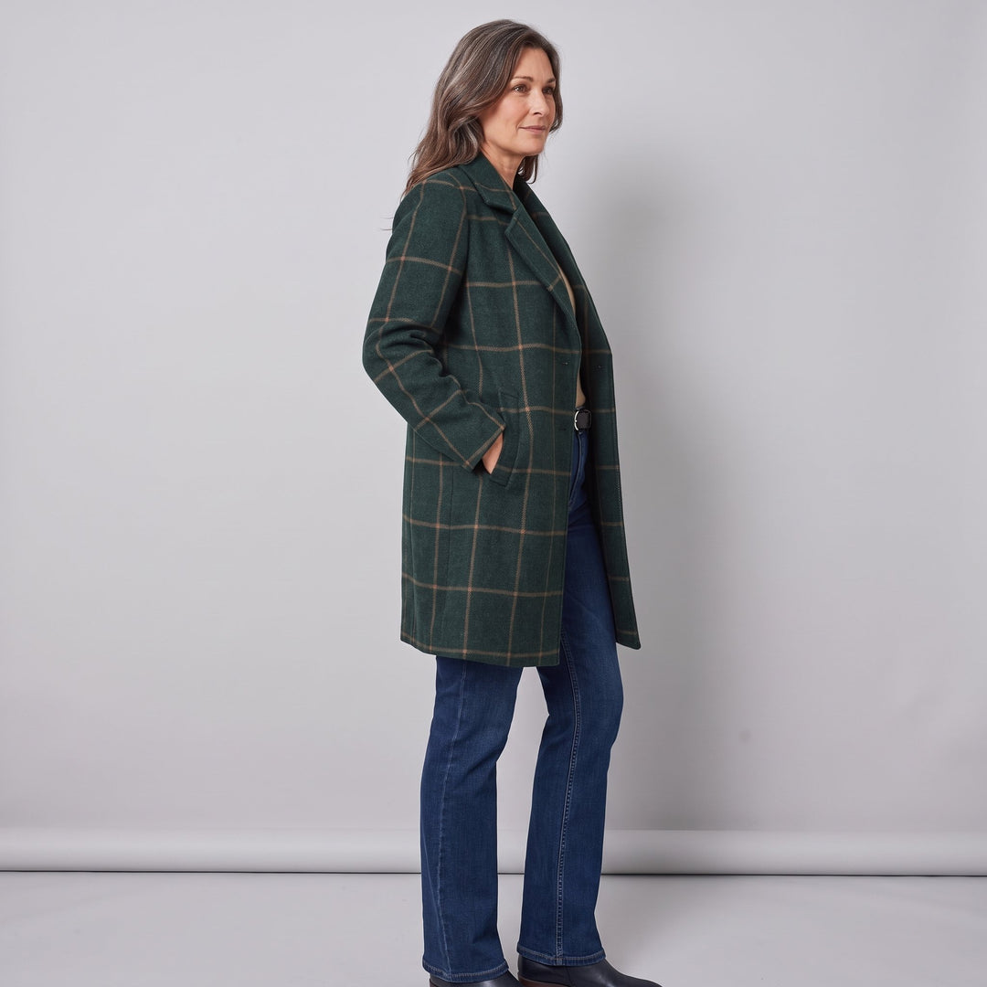 Green windowpane check coat three-quarter side view