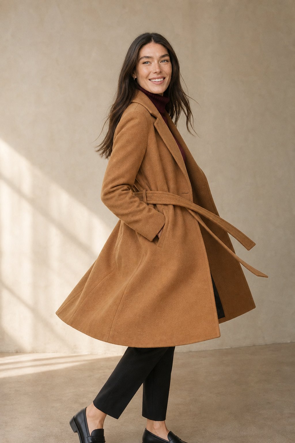 Women's Belted Wool-Blend Midi Coat, tailored - photo 1