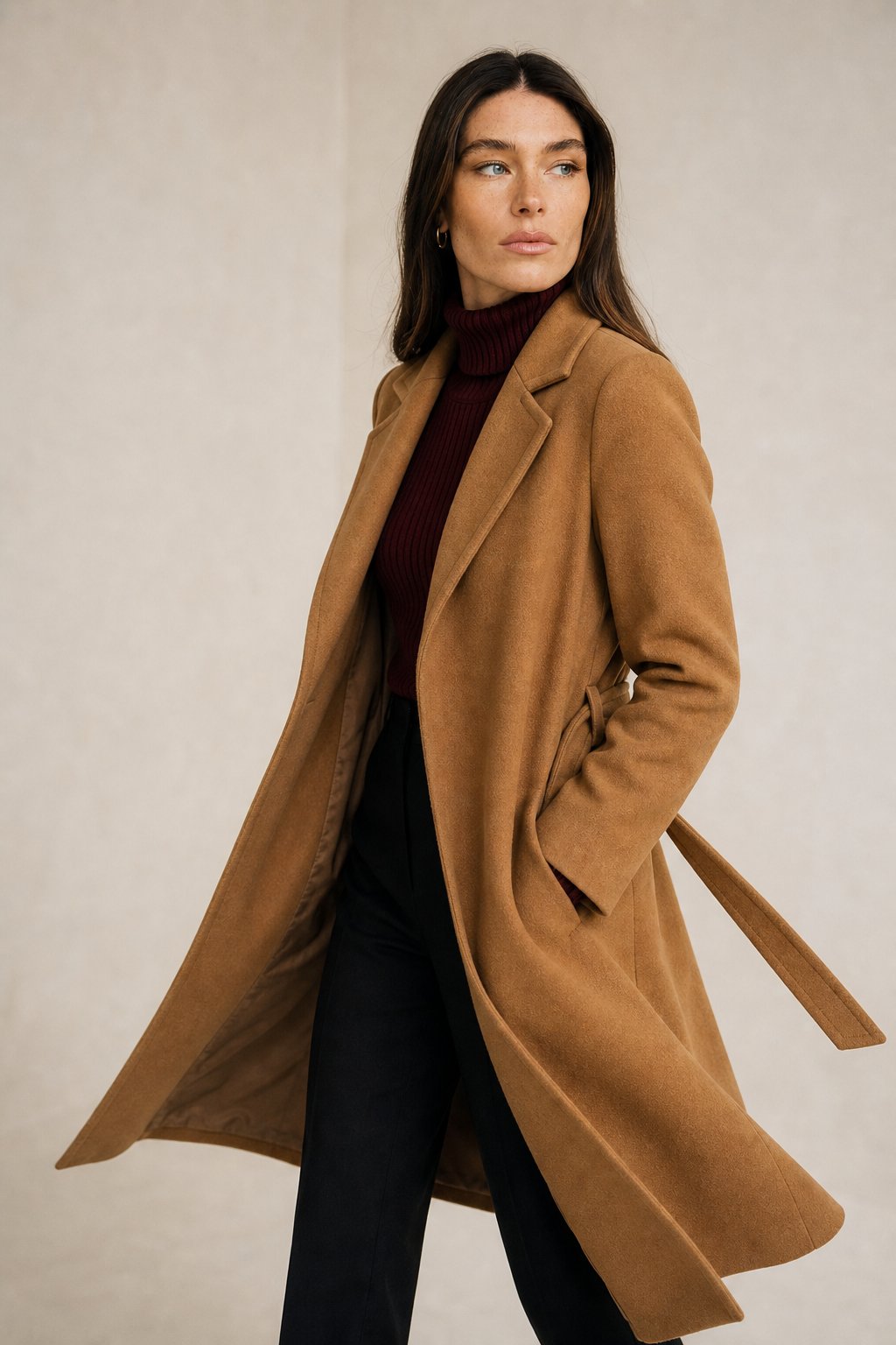 Women's Belted Wool-Blend Midi Coat, tailored - photo 2