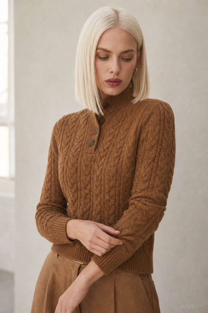 Women's Cable-Knit Button-Up Sweater, stand collar - photo 2