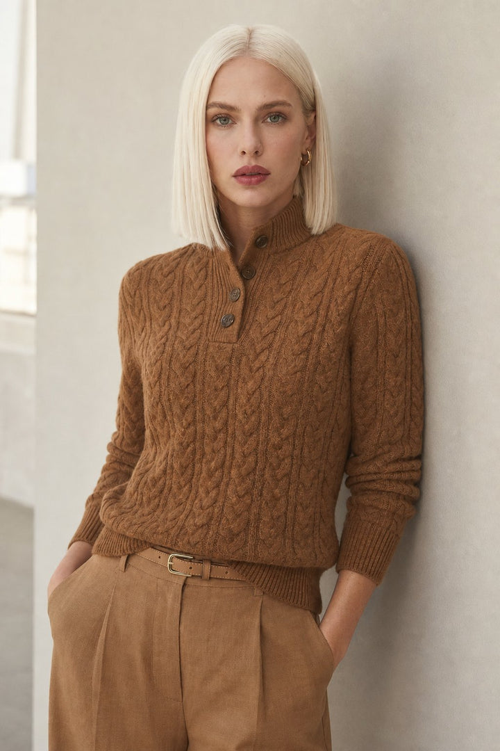 Women's Cable-Knit Button-Up Sweater, stand collar - photo 3