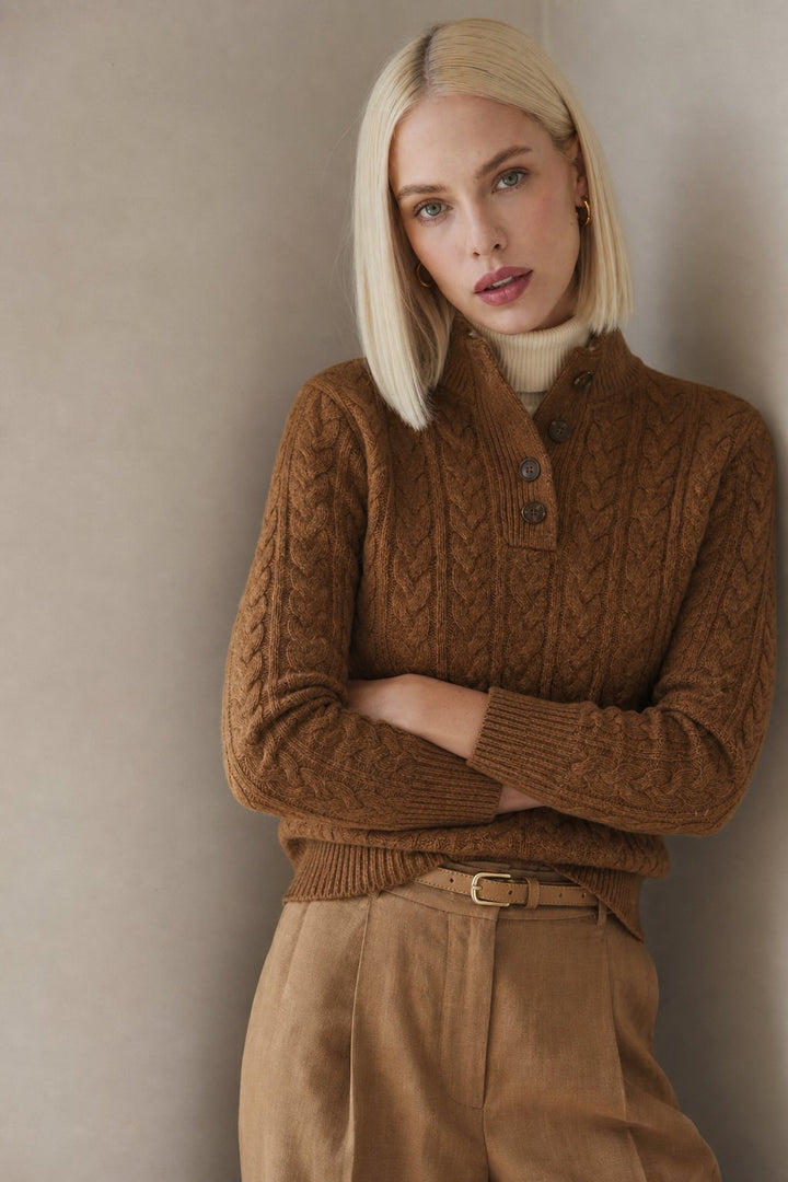 Women's Cable-Knit Button-Up Sweater, stand collar - photo 4