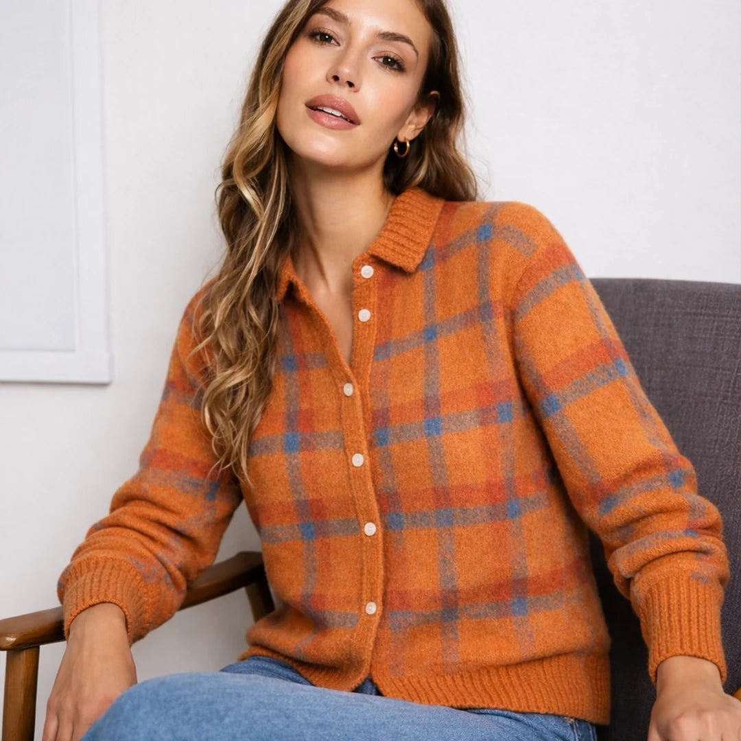 Women's Checked Knit Shirt Cardigan, button front - photo 2