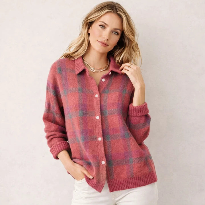 Women's Checked Knit Shirt Cardigan, button front - photo 7