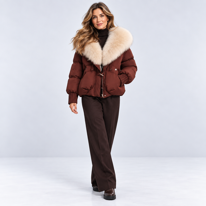Women's cropped puffer jacket with faux fur collar, brown, on model