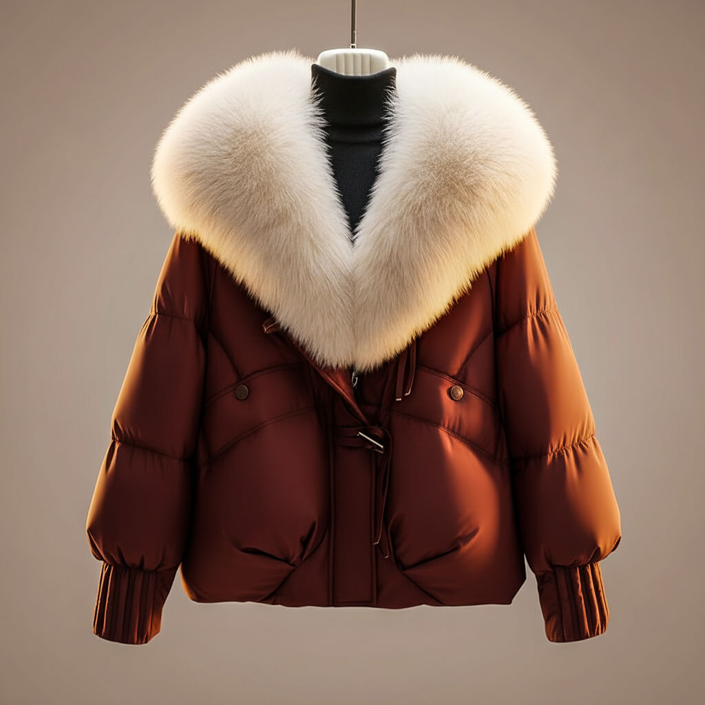 Women's cropped puffer jacket, brown, faux fur collar front