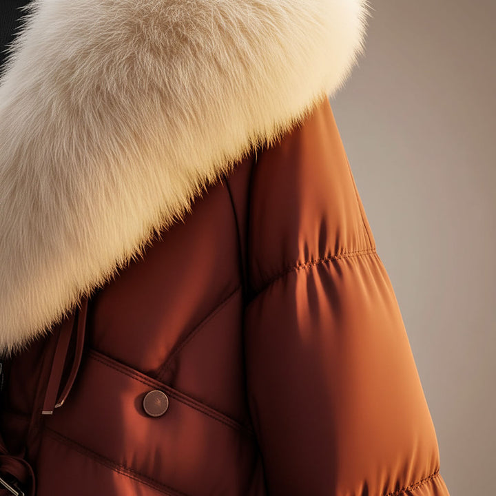 Women's cropped puffer jacket, brown, quilting and collar close-up