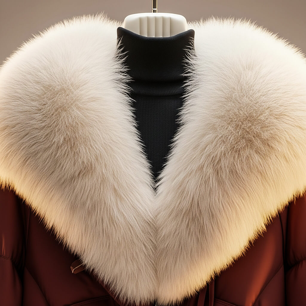 Women's cropped puffer jacket, faux fur shawl collar close-up