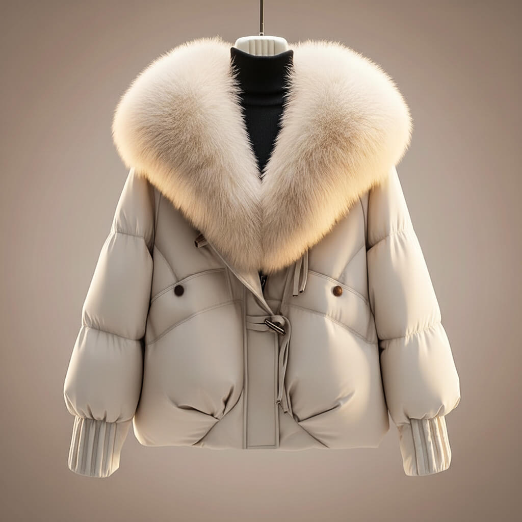Women's cropped puffer jacket, white, faux fur collar front