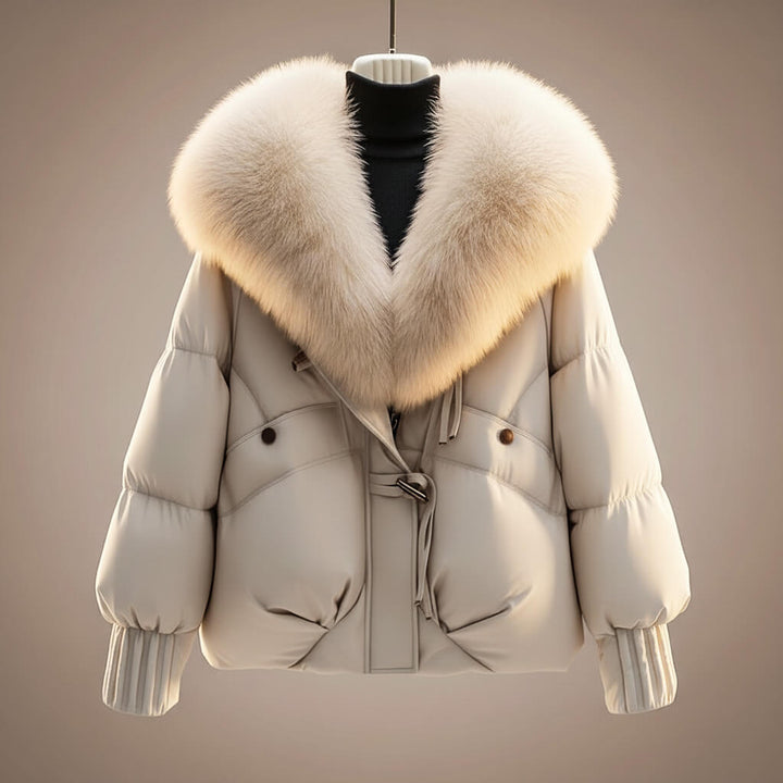 Women's cropped puffer jacket, white, faux fur collar front