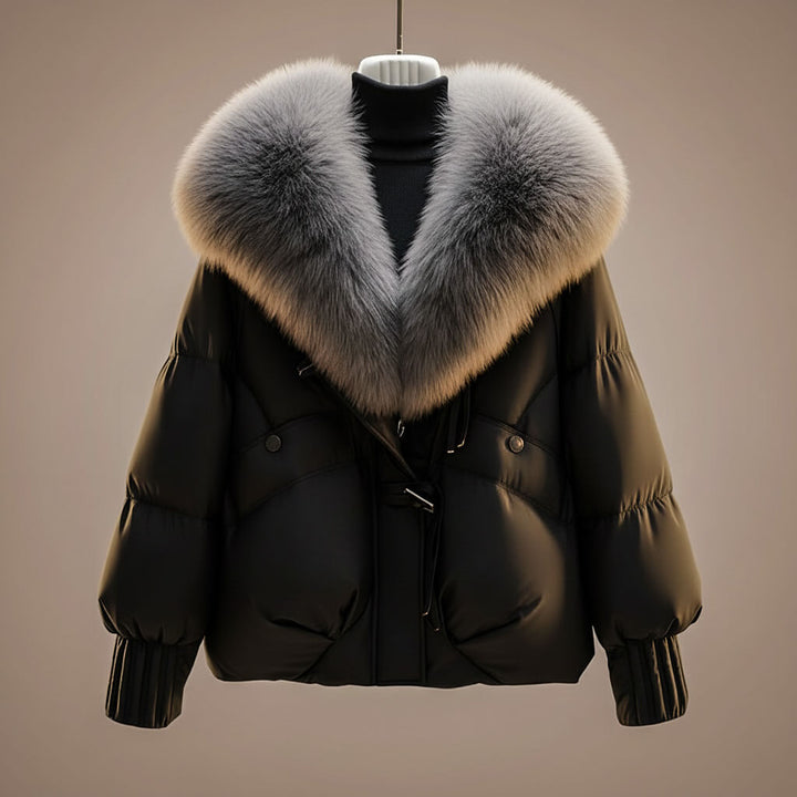 Women's cropped puffer jacket, black, faux fur collar front