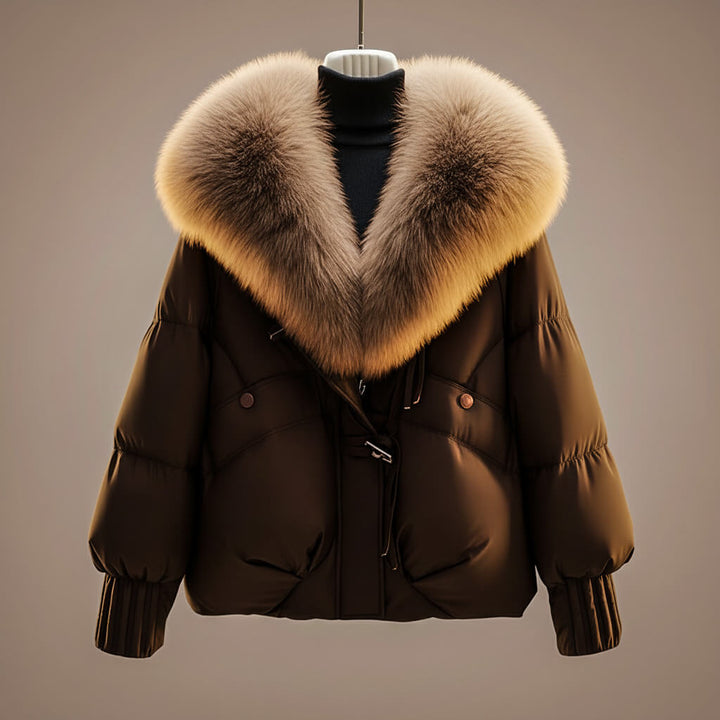 Women's cropped puffer jacket, coffee brown, faux fur collar front
