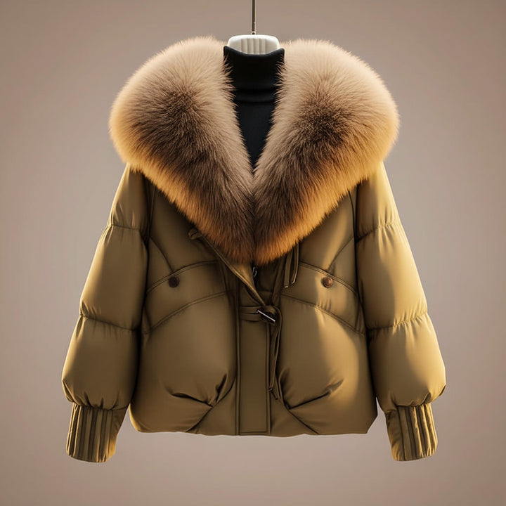 Women's cropped puffer jacket, khaki, faux fur collar front