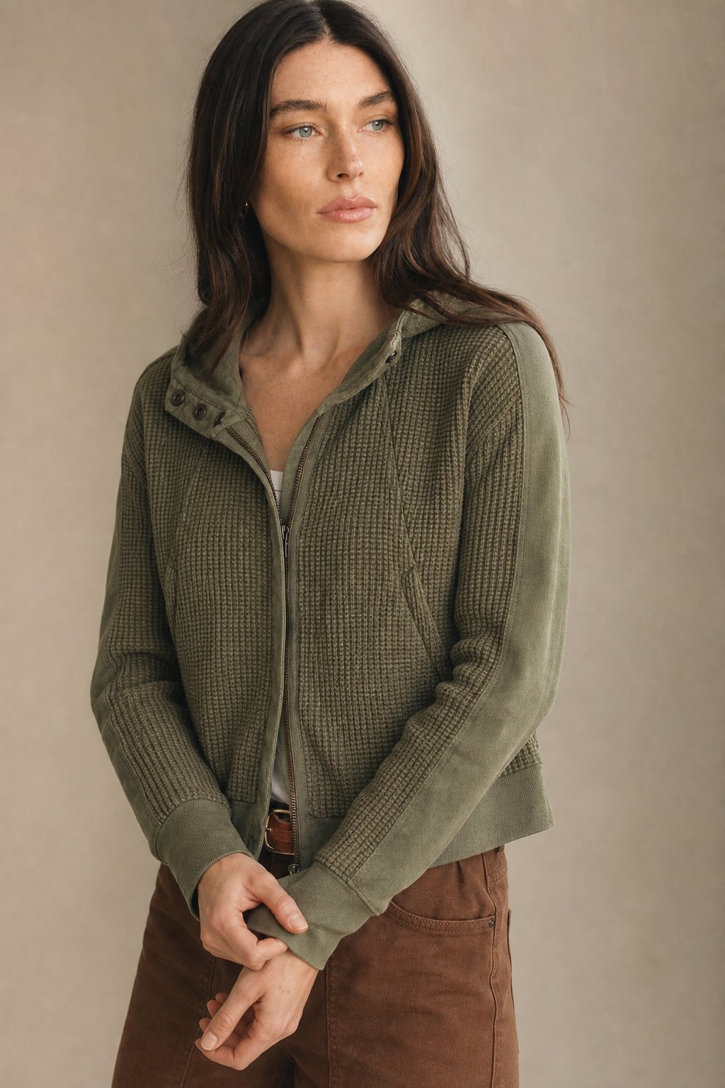 Women's Cropped Waffle-Knit Hoodie, zip front - photo 1