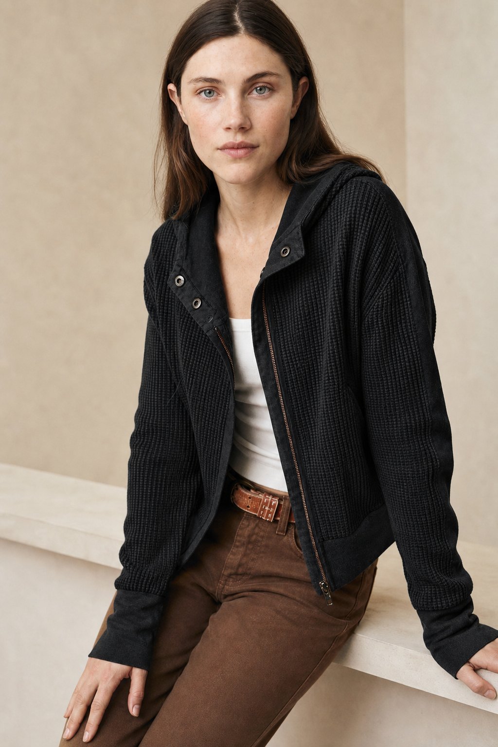 Women's Cropped Waffle-Knit Hoodie, zip front - photo 5