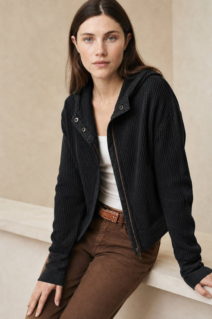 Women's Cropped Waffle-Knit Hoodie, zip front - photo 5