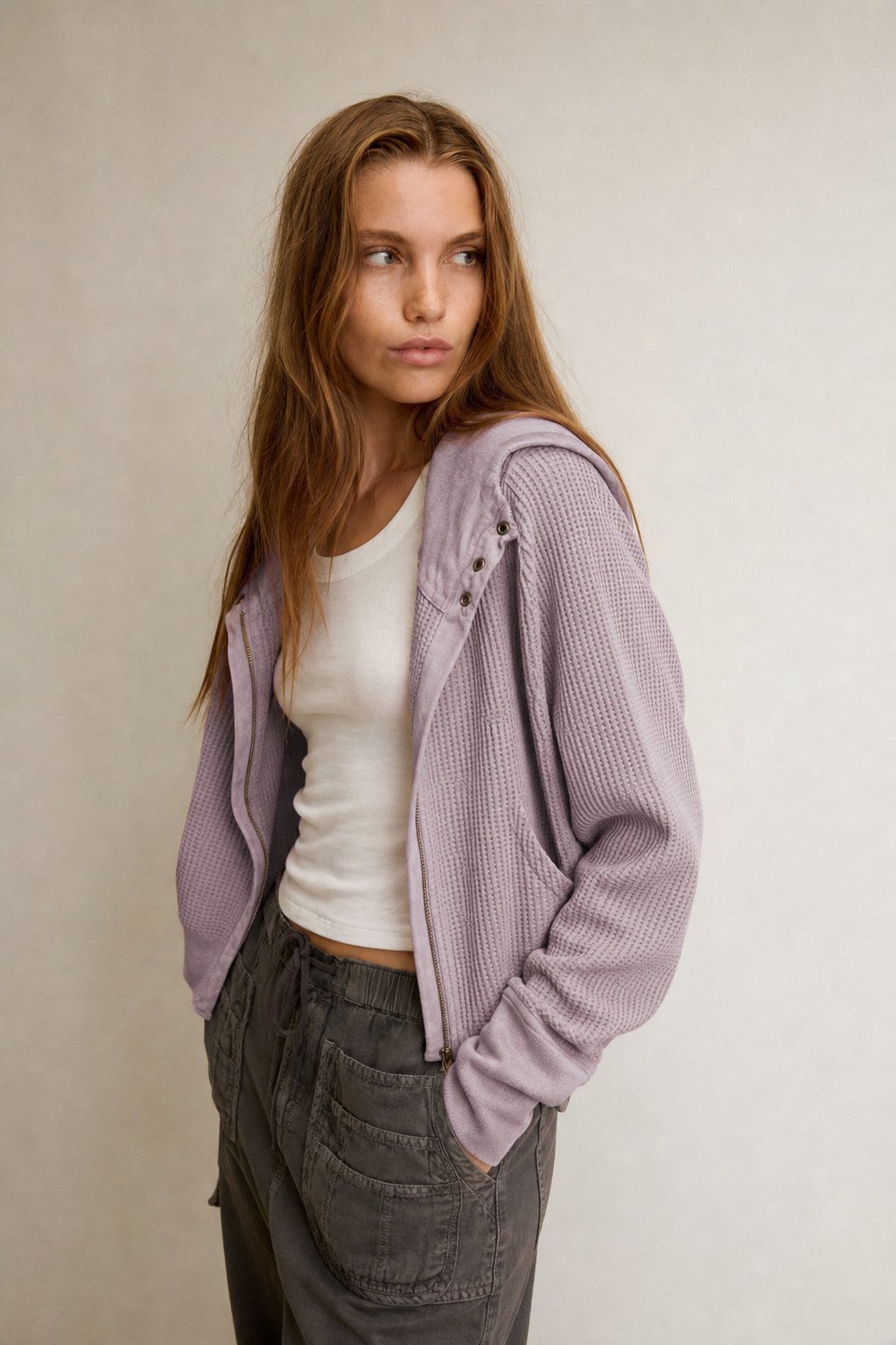 Women's Cropped Waffle-Knit Hoodie, zip front - photo 7