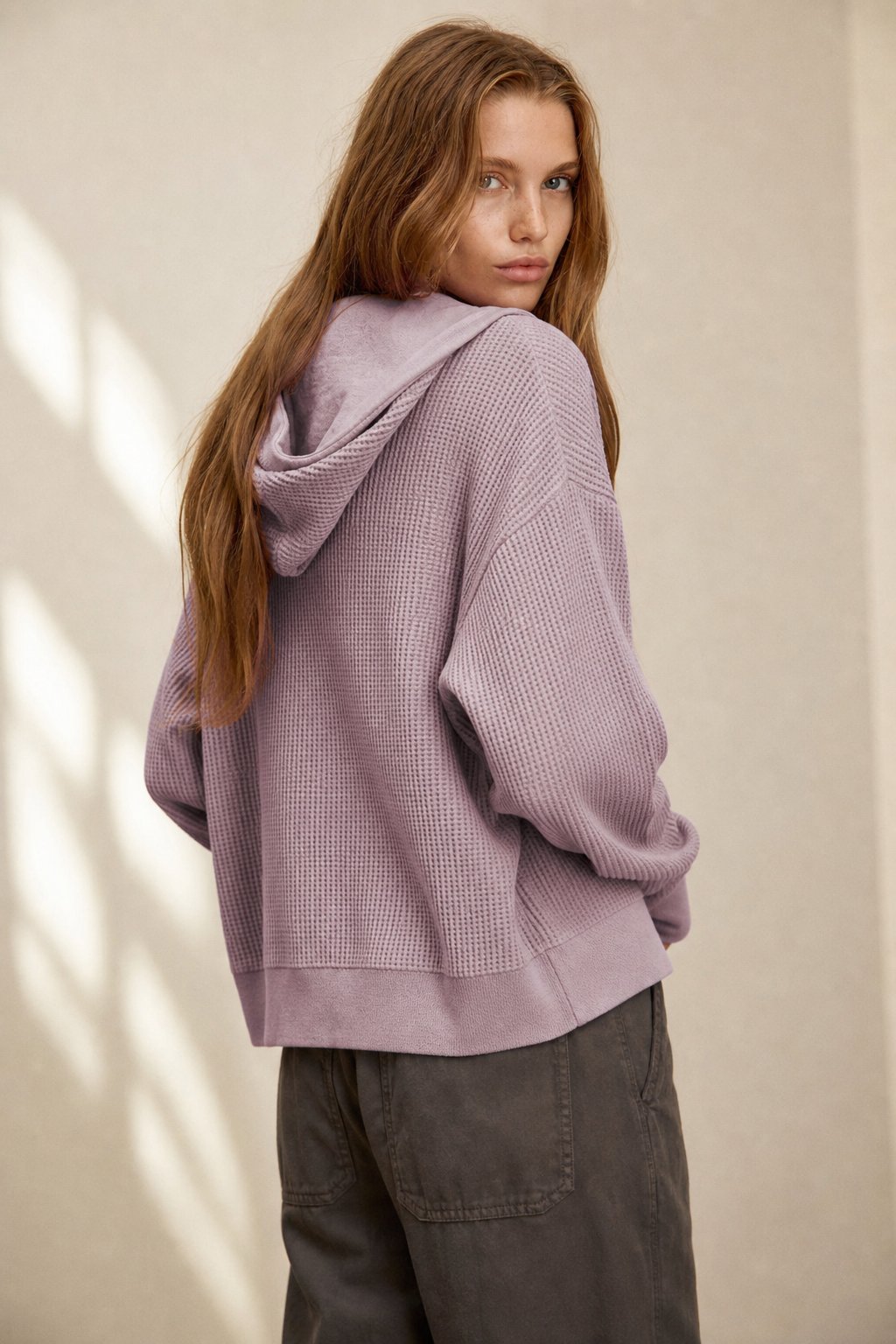 Women's Cropped Waffle-Knit Hoodie, zip front - photo 8