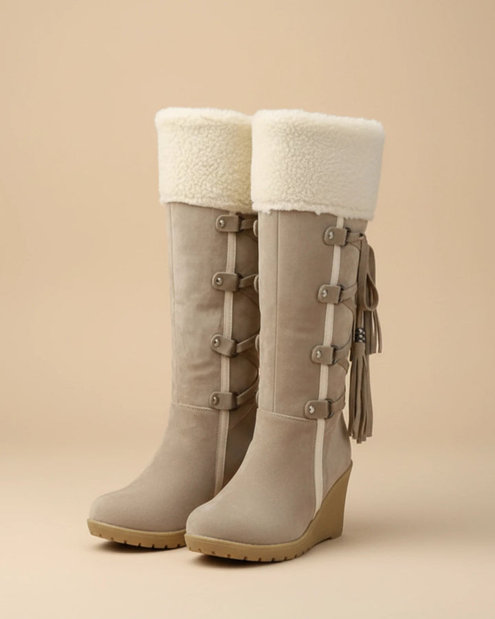 Women's Knee-High Wedge Boots, faux fur trim - photo 1