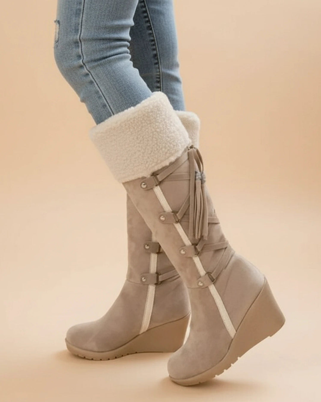 Women's Knee-High Wedge Boots, faux fur trim - photo 2