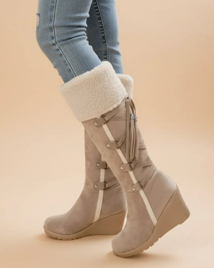 Women's Knee-High Wedge Boots, faux fur trim - photo 2