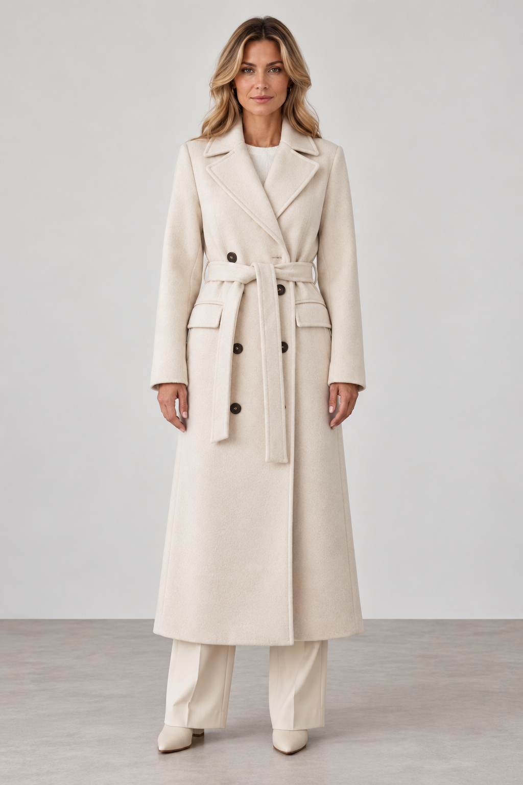 Women's Long Coat with Belt and Double-Breasted Front - photo 1