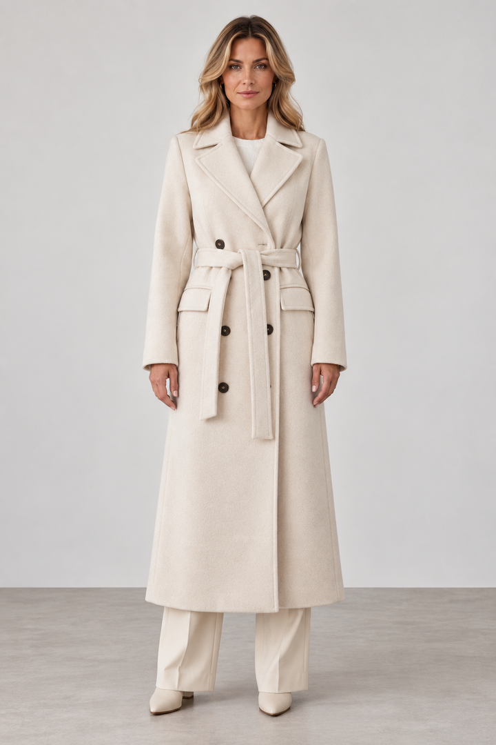Women's Long Coat with Belt and Double-Breasted Front - photo 1