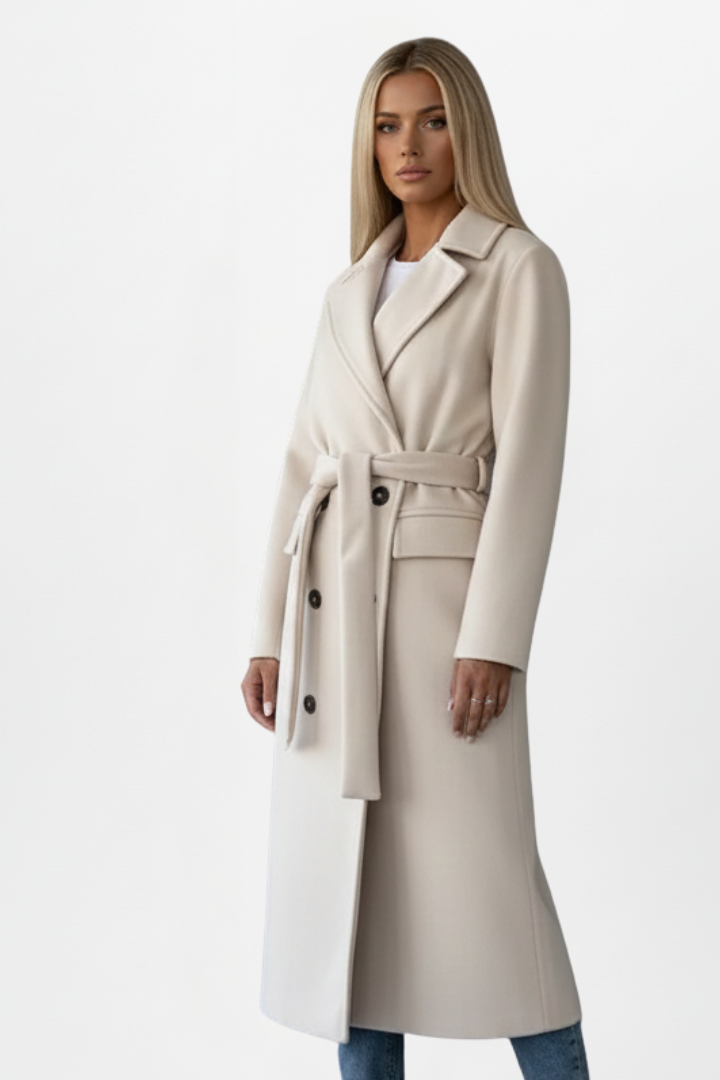 Women's Long Coat with Belt and Double-Breasted Front - photo 4
